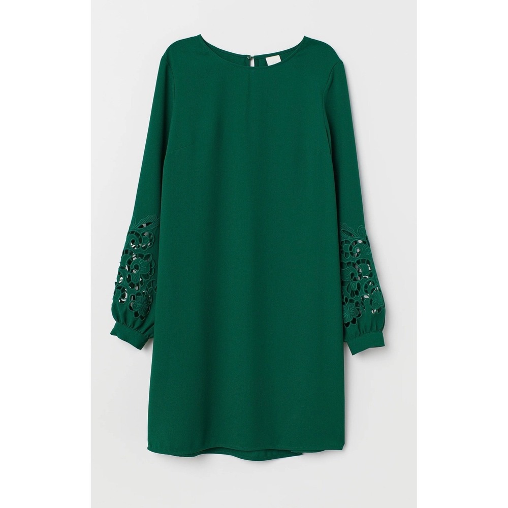 H&M Emerald Green Shift Dress Long Sleeve Floral Eyelet Lace Cut Out Mini Dress - Picture 2 of 3